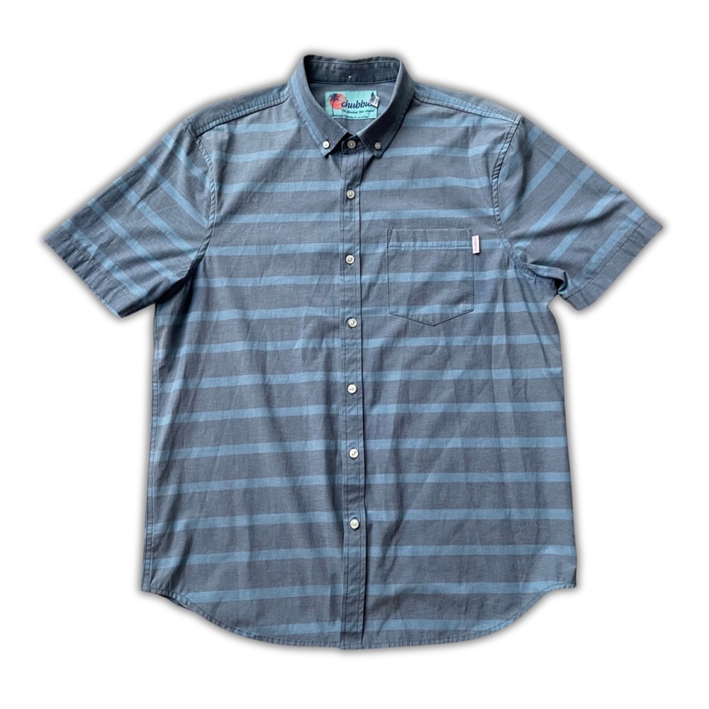 Chubbies Button Up Shirt Men’s Size Large Blue Striped Cotton Blend Beach Summer